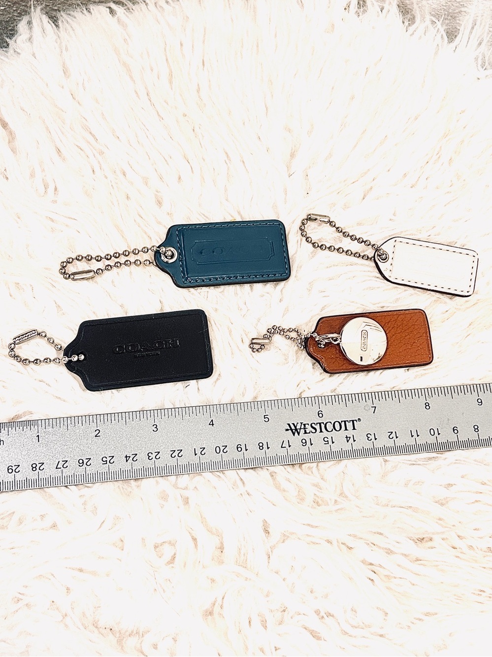 4 Coach Leather Hang Tags Black, Teal, White & Brown & Silver with chains